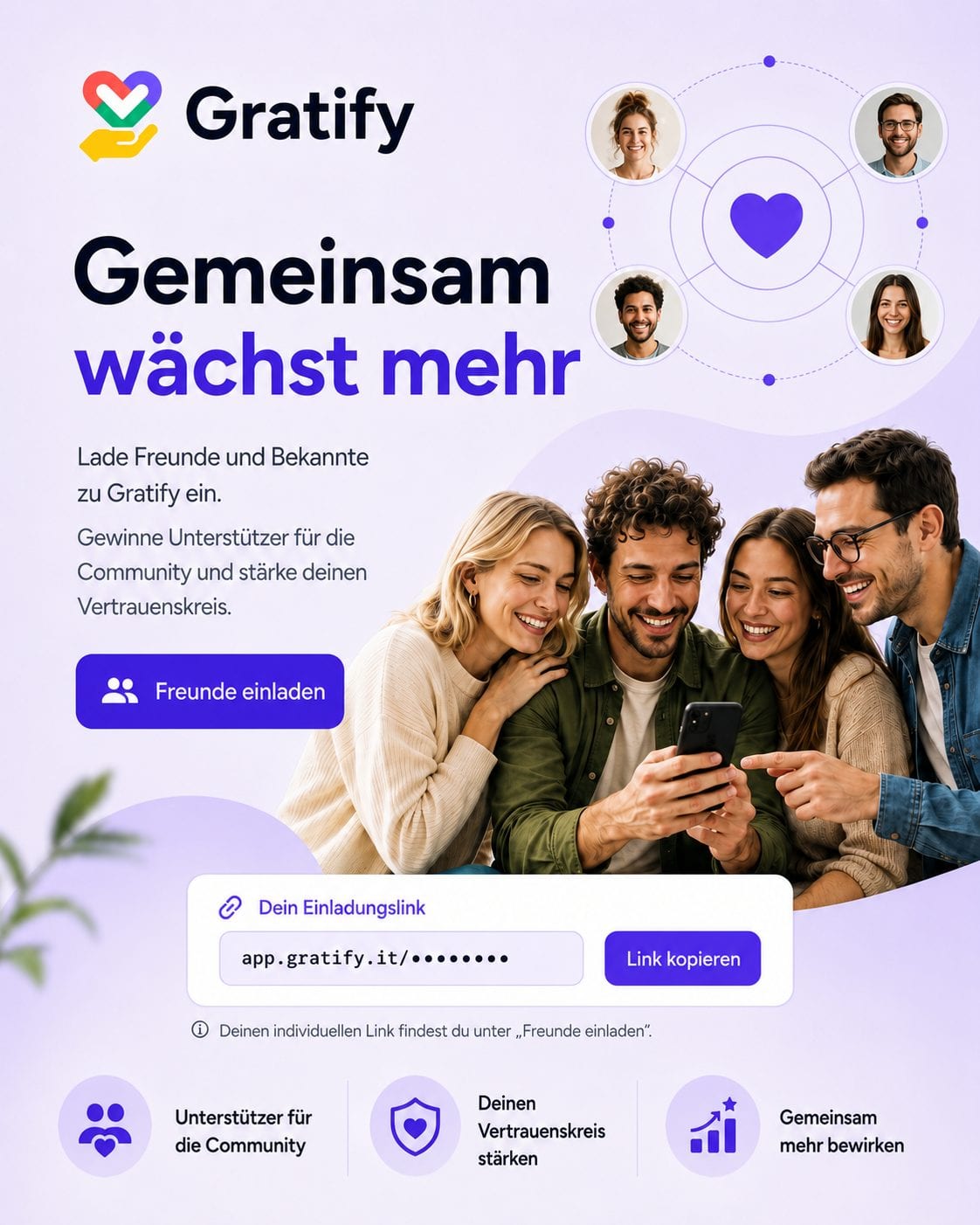 Motiv Freunde einladen. Kontakt hello@gratify.it